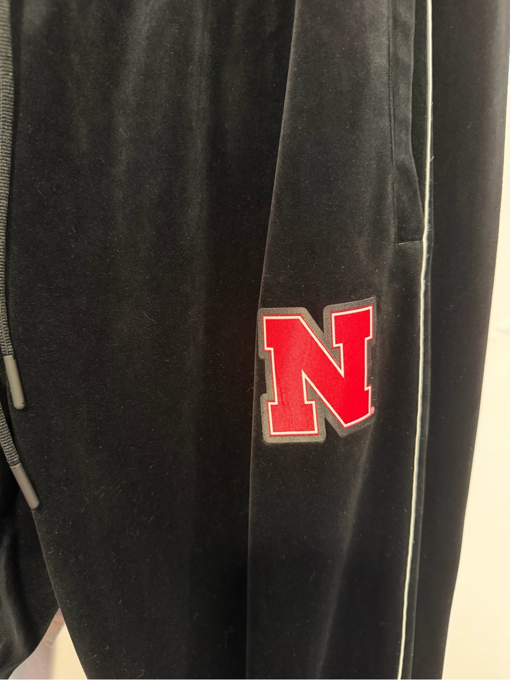 Adidas Black Velour Joggers with Red 'N' Nebraska Huskers Patch - Picture 3 of 5
